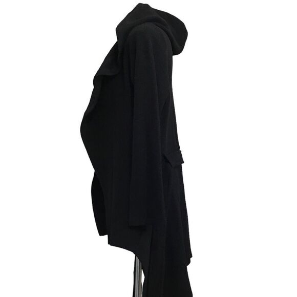 Marcellamoda Black Hooded Belted Wrap Asymmetrical Hem Sweater Size Medium - Picture 3 of 15